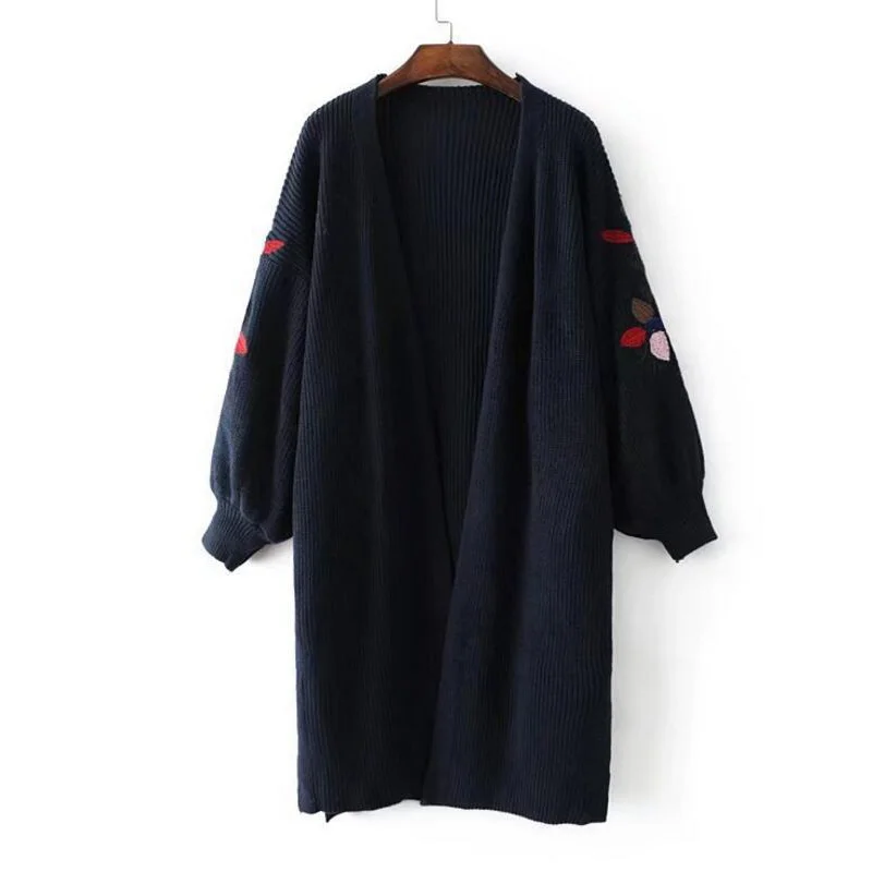 Женский длинный кардиган с вышивкой повседневный Свободный вязаный