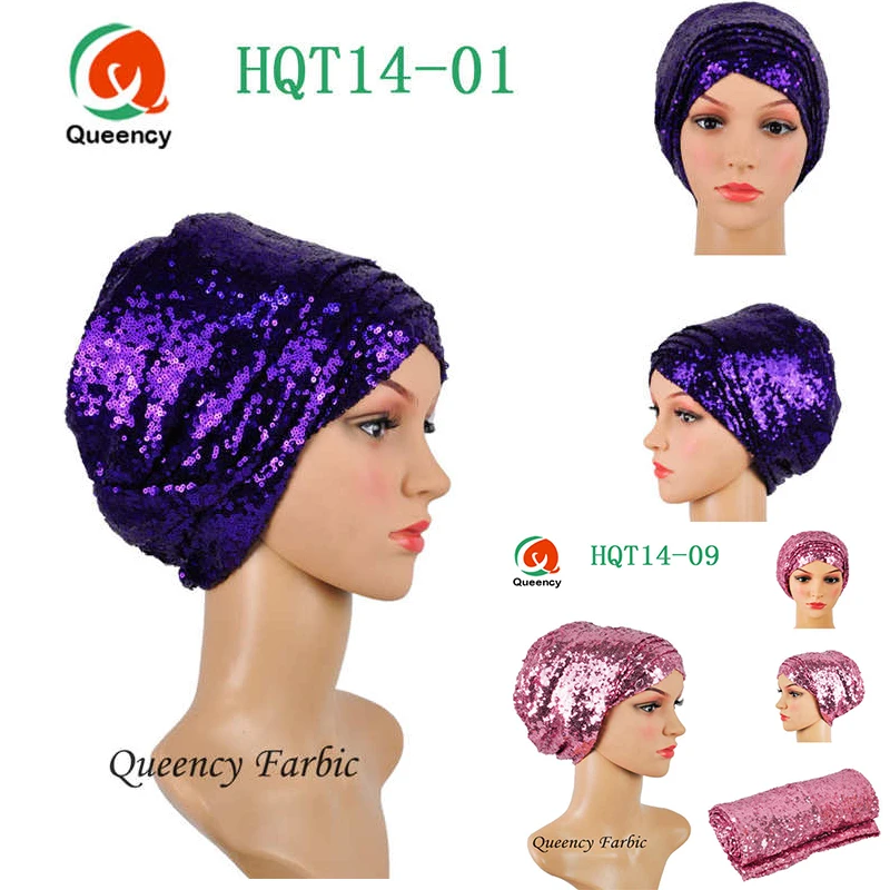 

HQT14 DHL-Beauty lady headtie sequins turban 14colors Solid African turban gele women headwrap african scraf hot sale 1PC/bag