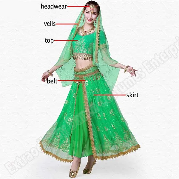Green-5pcs Женский индийский набор костюма для танца живота танец сари наряд Болливуд сценическое представление шифон Топ пояс юбка для танца живота - Цвет: Green-5pcs
