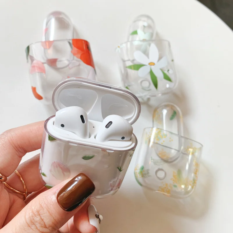 Прозрачный чехол для наушников с зелеными листьями цветами Apple Airpods жесткие