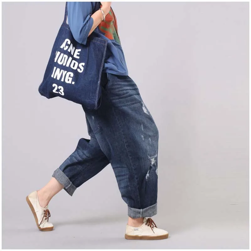 Корейские модные рваные джинсы в мужском стиле женские шаровары с эластичной