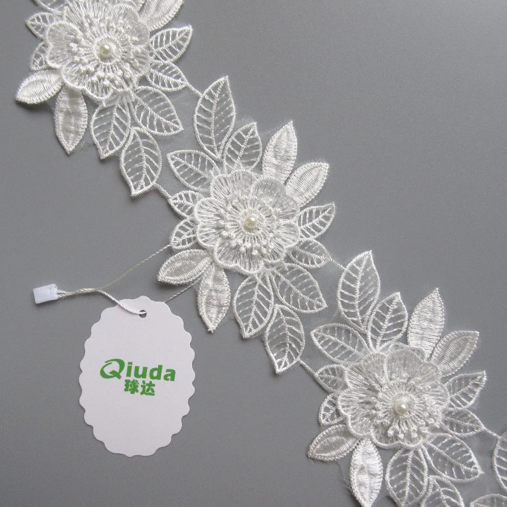2 ярдов Цветочные лист жемчуг из бисера несколько слоев вышитые Кружево отделка