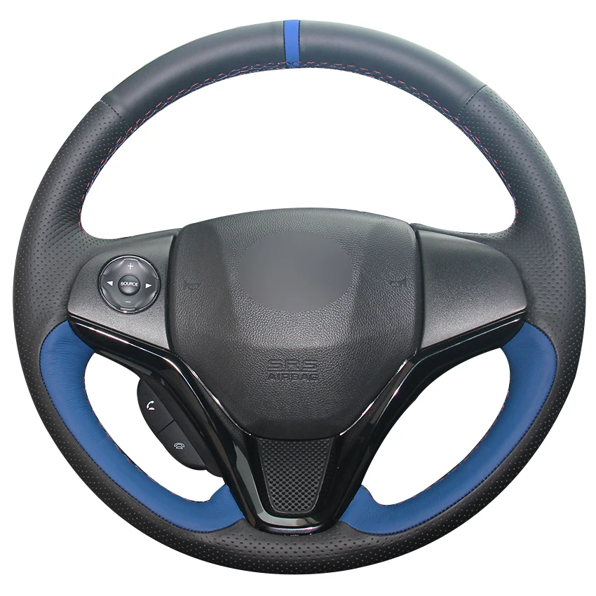 

Black Blue Natural Leather Blue Marker Steering Wheel Cover for Honda New Fit City Jazz 2014 2015 HRV HR-V 2016 Vezel 2015-2017