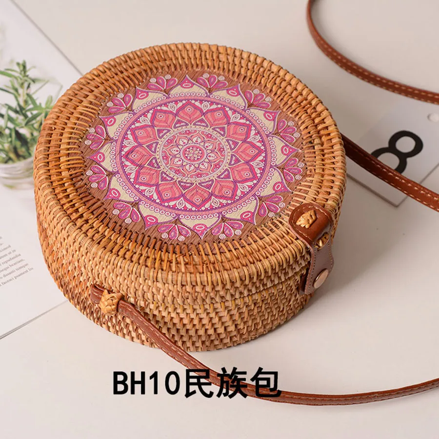 Женские сумки из ротанга с цветочным принтом, Пляжная винтажная сумка через плечо, женская Соломенная круглая Сумка-слинг B126