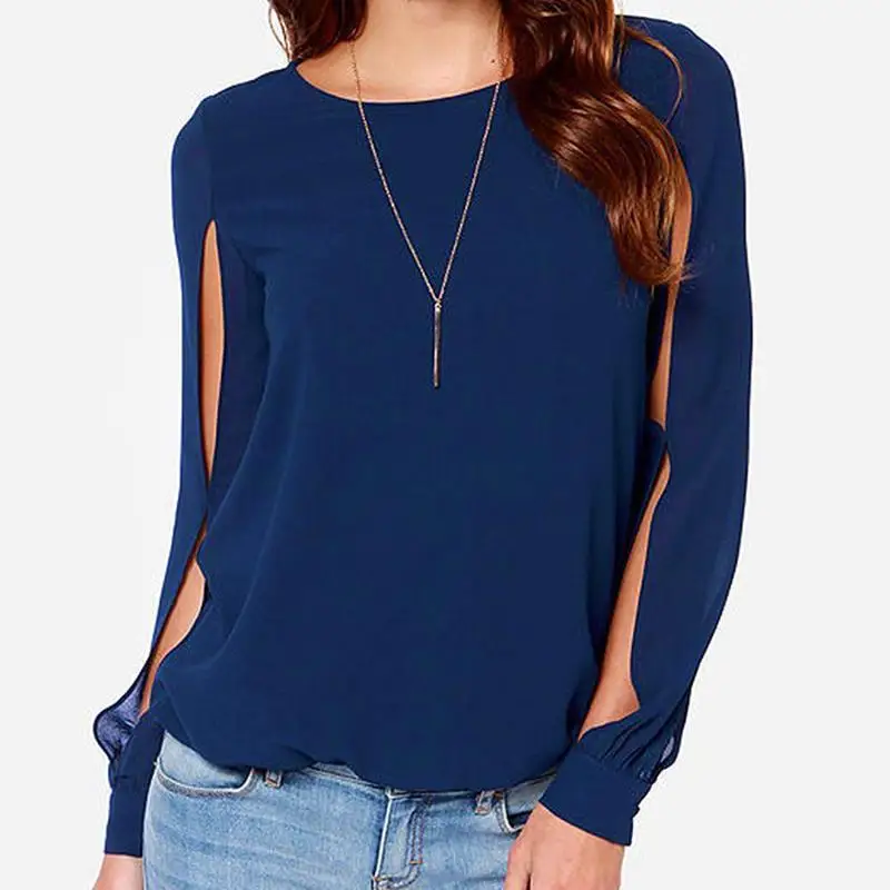 2018 Women Blouse Long Sleeve Hollow Out Sexy Casual Shirt Fashion Chiffon Tops Blue Pink Purple O neck |