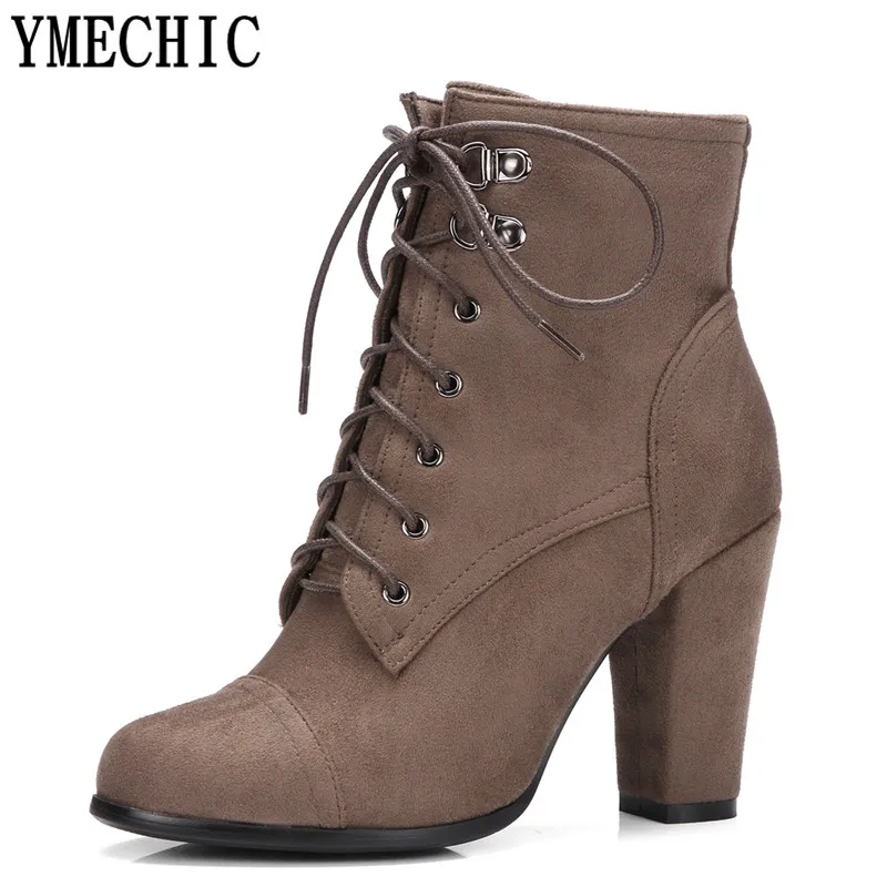 YMECHIC/ г.; серые, черные женские зимние ботильоны на шнуровке; женские полусапожки из флока на высоком квадратном каблуке; обувь больших размеров