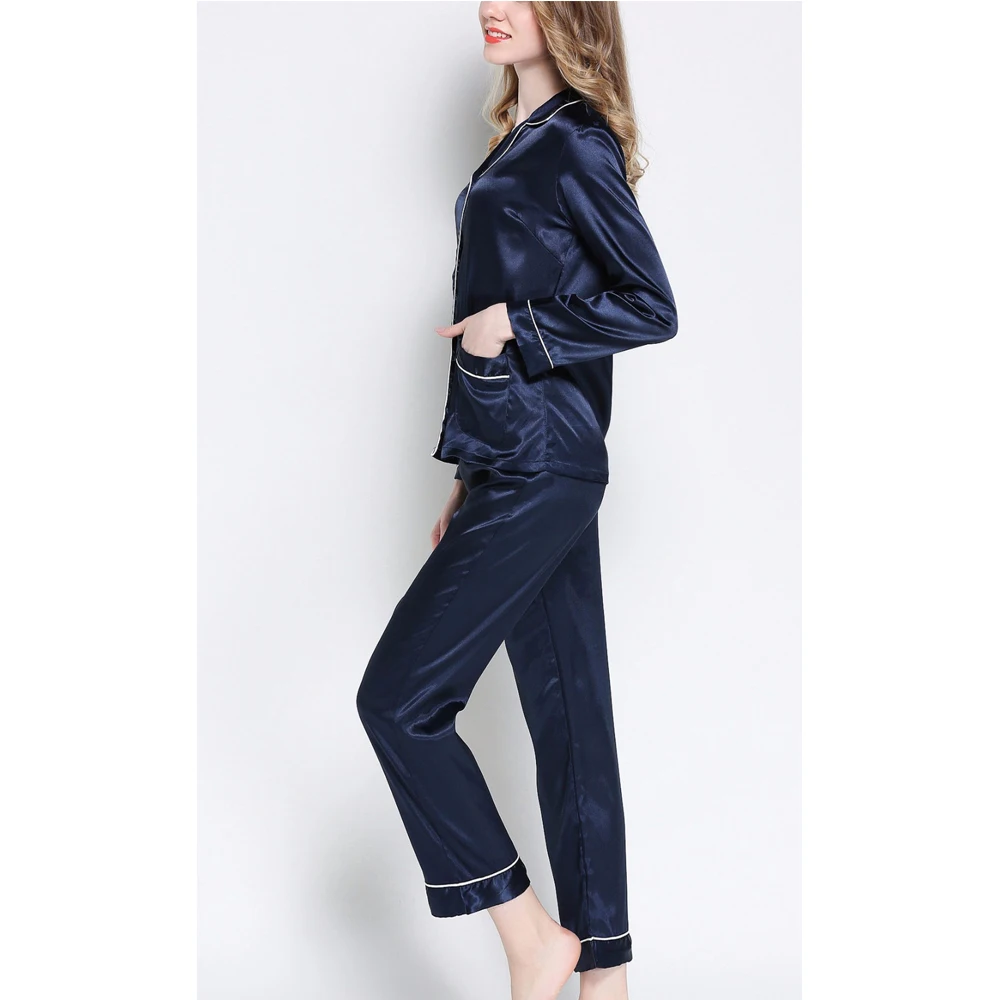 2017 Spring Autumn Women Pajamas Sleepwear Suit Set Sex Nightgown Femme Silk Loose Solid Long Sleeve Tops+Pants Style | Женская одежда