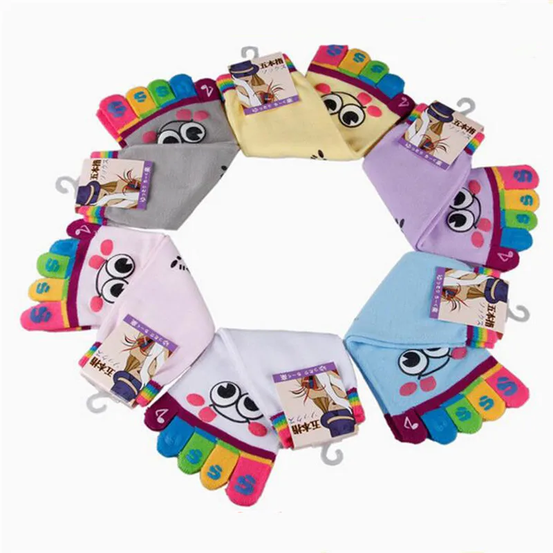 Kawaii Women's Five Toe Socks 5Pairs/Lot Cartoon Smiley Face Skid Resistance 5 Finger Female Lady Colorful Finger Cotton Sock