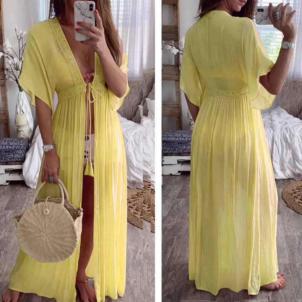 Fanbty Boho женское кружевное кимоно кардиган Пляжная накидка открытая стежка шифоновый кардиган праздничное платье длинные платья с коротким рукавом
