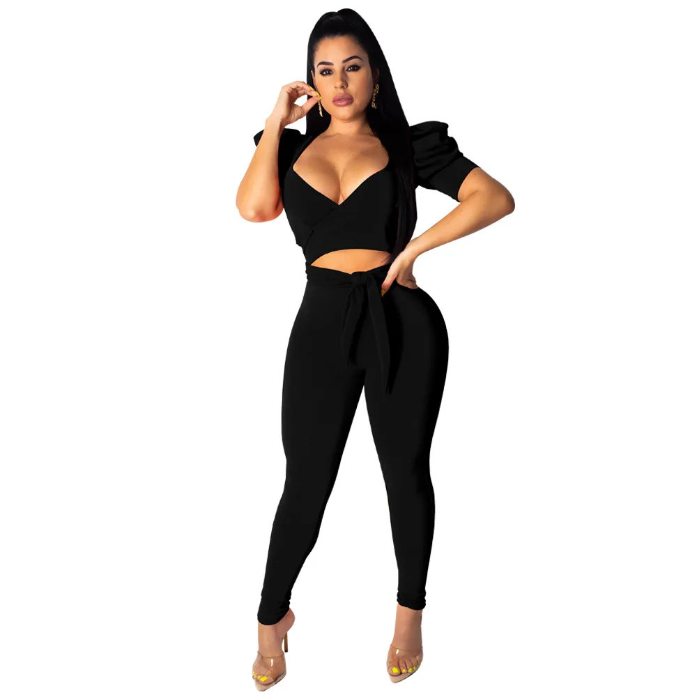 

Solid V Neck Lace Up Bandage Two Piece Set Casual Short Sleeve Crop Top Long Pants Women Sets Evening Club Bodycon Women Outfit