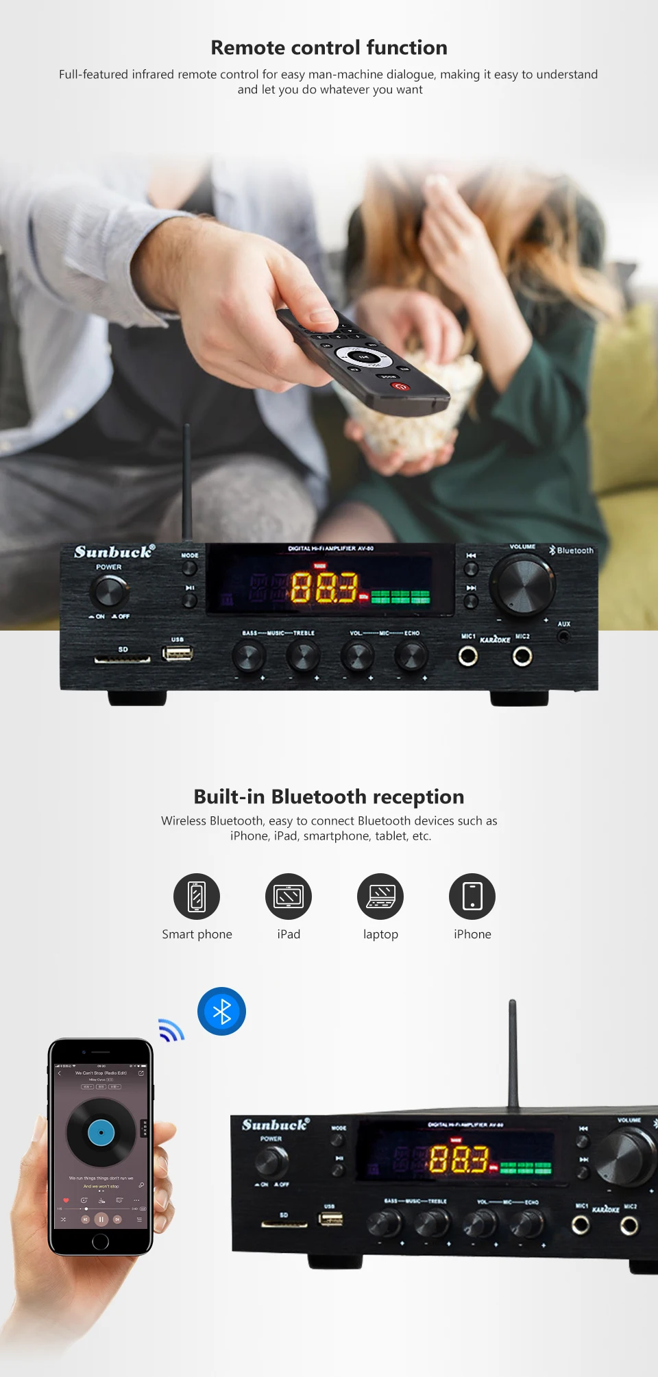SUNBUCK 150 Вт+ 150 Вт HiFi беспроводной Bluetooth цифровой стерео усилитель караоке домашний кинотеатр аудио усилитель Поддержка USB/SD карты