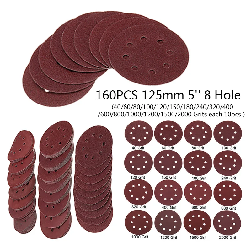 

160Pc 125mm 5 Hooks Loop Sanding Discs 8 Hole 40-2000 Grit Orbital Sander Pad