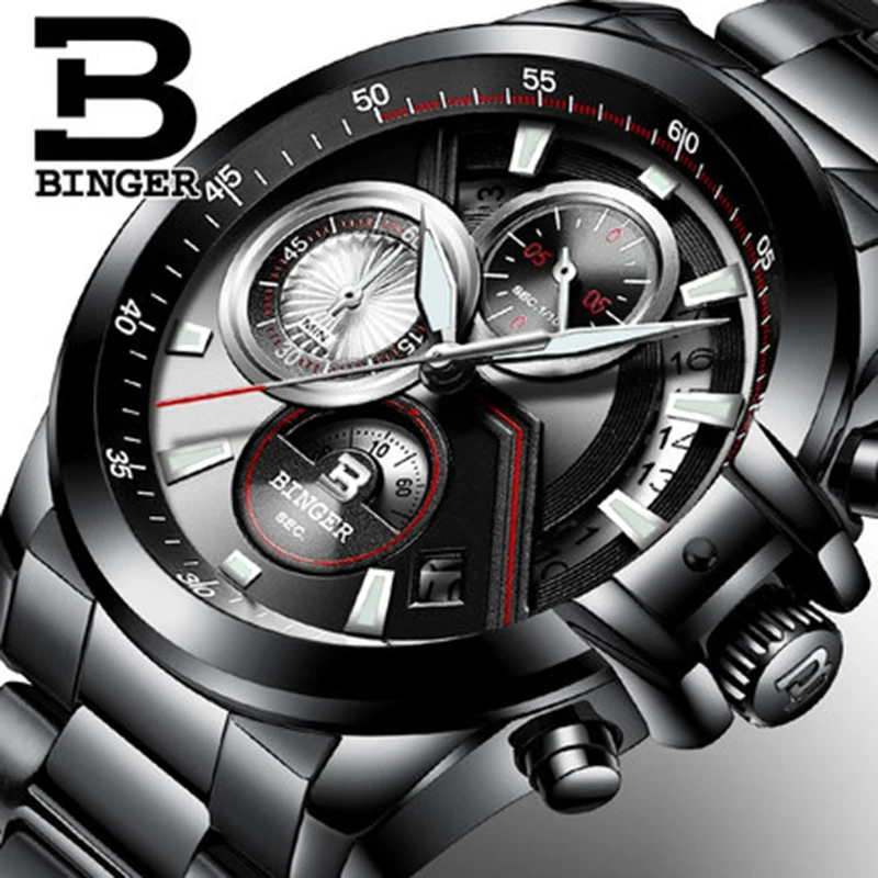 

Genuine Luxury BINGER Brand Mens Quartz Multifunctional sports stopwatch watch Calendar male Luminous waterproof table