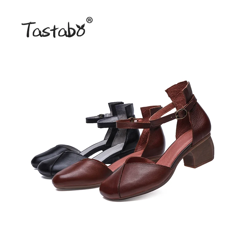 

Tastabo 100%Genuine Leather Women's shoes Belt buckle high heel design Simple casual style Brown black S19051 High-heeled shoes
