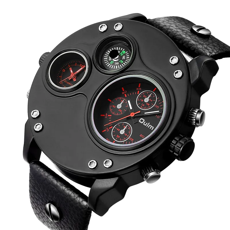 

OULM 3741 Sports Watch Men Quartz 2 Time Zone Leather Army Military Compass Decoration Black Big Case Top Brand Men Wristwatches