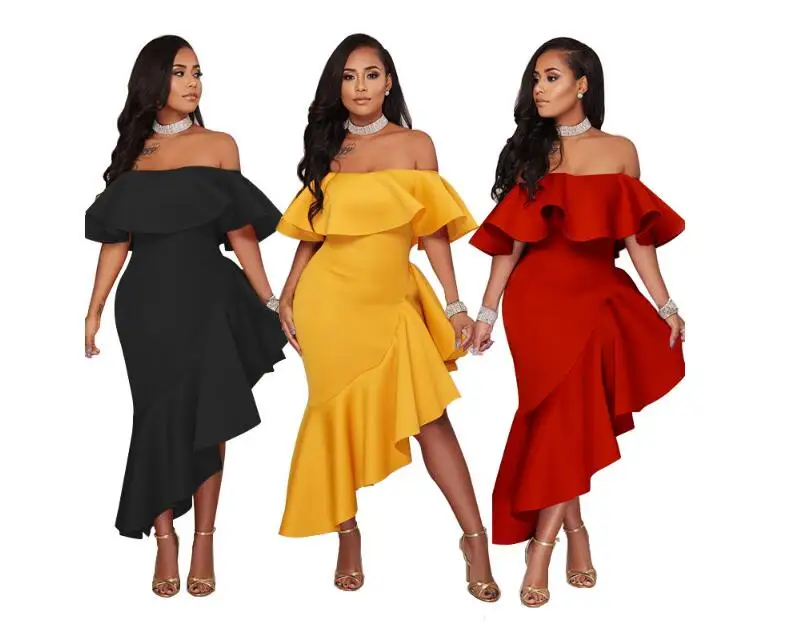 

Women Autumn Winter Off the Shoulder Mermaid Dress Long Sleeve Slash Neck Ruffle Sexy Elegant Evening Prom Party Dresses