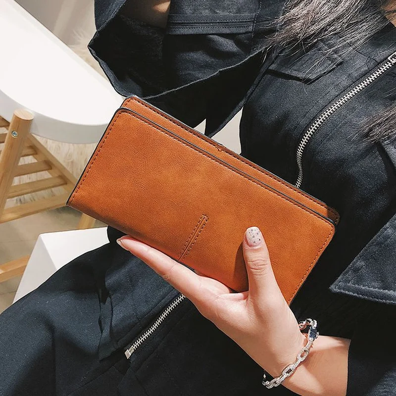 

2019 Casual Fashion Women Long Cute Solid Brown Black PU Leather Money Bag Bifold Wallet Coin Purse Card Holder Clutch for Girls