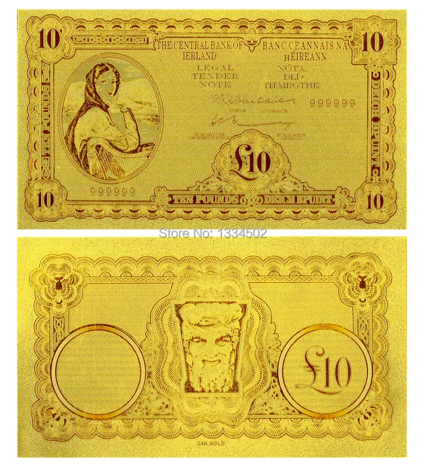Золотая фольга для банкнот Ирландия 10 фунтов слово валюта банкнота украшения