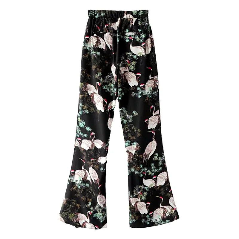 Брюки клеш расклешенные брюки Лето 2017 г. японского журавля Отпечатано эластичный