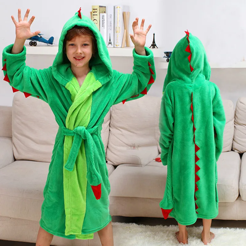 Зимние Детские Банные халаты Kigurumi с капюшоном и единорогом; банный халат для детей; пижамы с животными для мальчиков и девочек; ночная рубашка; детская одежда для сна - Цвет: Dinosaur