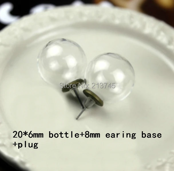 

SLAE Free ship!! 50sets/lot charm 20*6mm glass globe & 8mm earings base&plug set glass vial pendant ,DIY glass bubble earing set