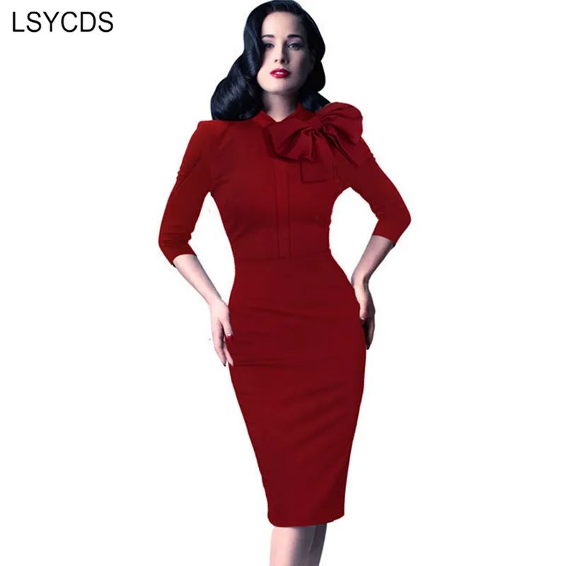 Женское винтажное платье с бантом LSYCDS Черное и красное элегантное сексуальные