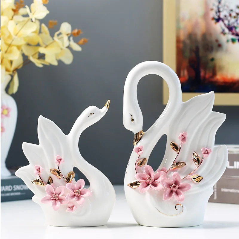 2PCS/SET Swan Lovers Home Decor Ceramic Crafts Porcelain Animal Figurines Wedding Decoration Lovers New Year Gift