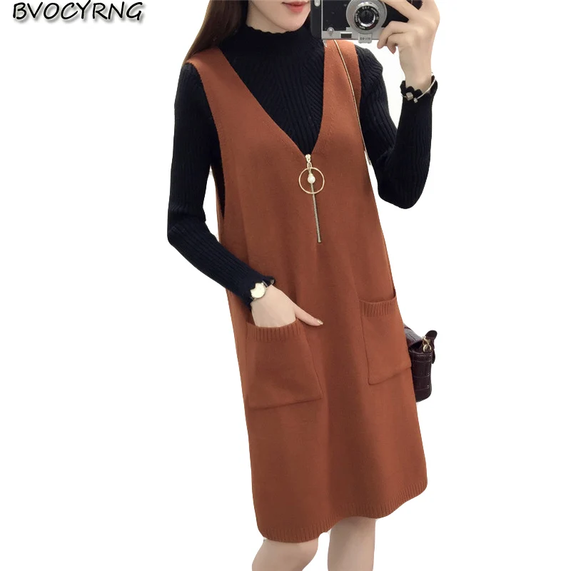 

2019 new loose vest knit dress women autumn winter Zipper inside vest dress V-neck sleeveless vest long sweater female dresses