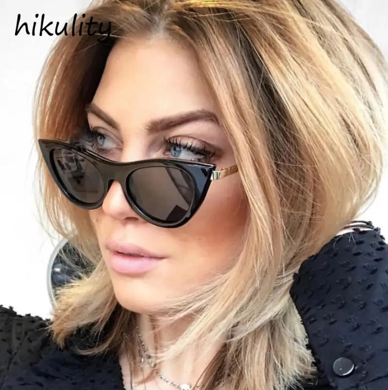 Роскошные винтажные женские солнцезащитные очки "кошачий глаз", черные, белые, кошачий глаз, солнцезащитные очки для женщин, Ретро стиль 90 s, трендовые маленькие узкие солнцезащитные очки - Цвет линз: Black Grey