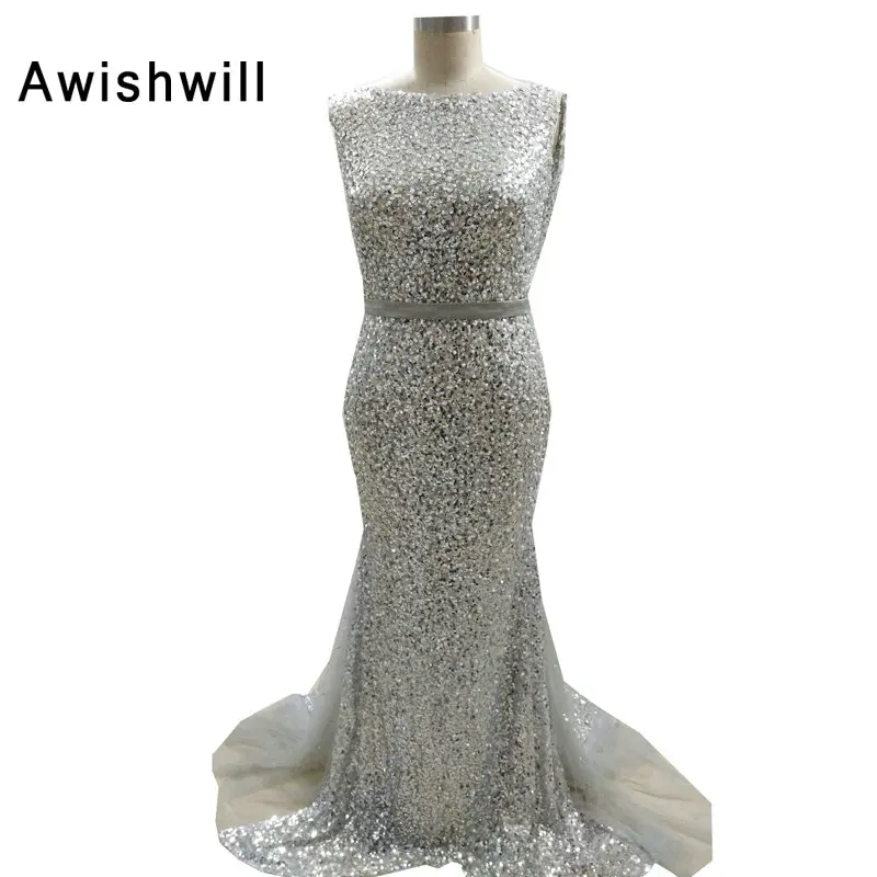 

Robe De Soiree Longue Custom Size Special Occasion Sexy Backless Silver Evening Gowns Formal Dresses Mermaid Long Sequin Dress