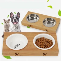 hot sale dog feeders bowl elevated dog cat bowl bamboo tableware ceramic and stainless steel double mouth pet feeder