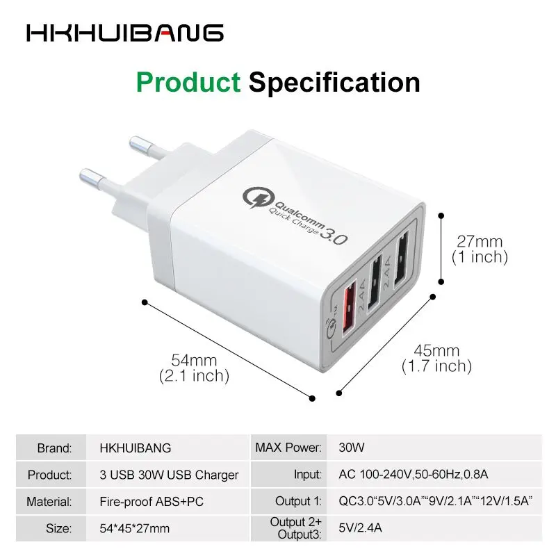 HKHUIBANG QC3.0 USB зарядное устройство для Samsung S10 Plus /IPhone EU/US/UK штекер адаптера под