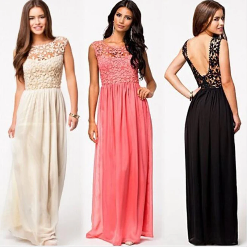 

Hot sale high quality factory price Women Summer Sleeveless White Top Crochet Sexy Lace Chiffon Maxi Dress Vestidos