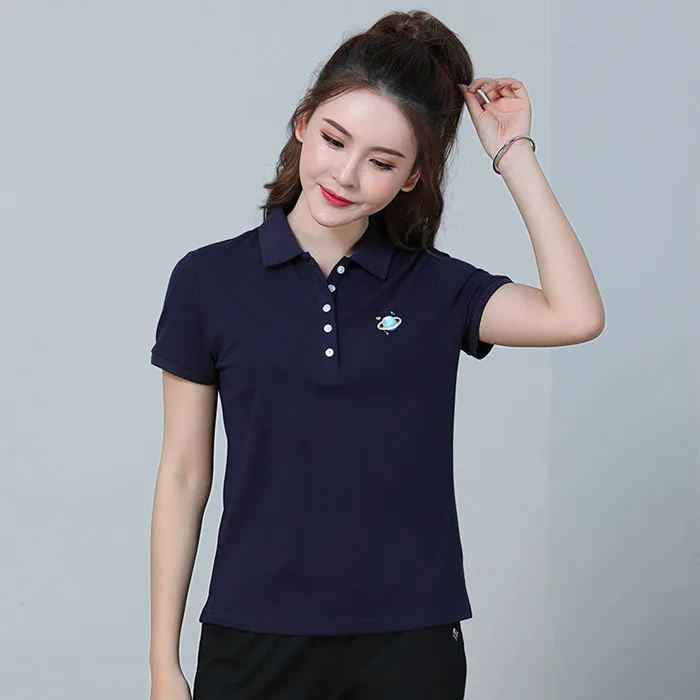 Navy Blue L-4XL, новинка, женские рубашки поло, лето, модные, повседневные, с принтом, короткий рукав, свободные, тонкие топы, спортивная одежда, хлопковые рубашки для женщин - Цвет: Navy Blue