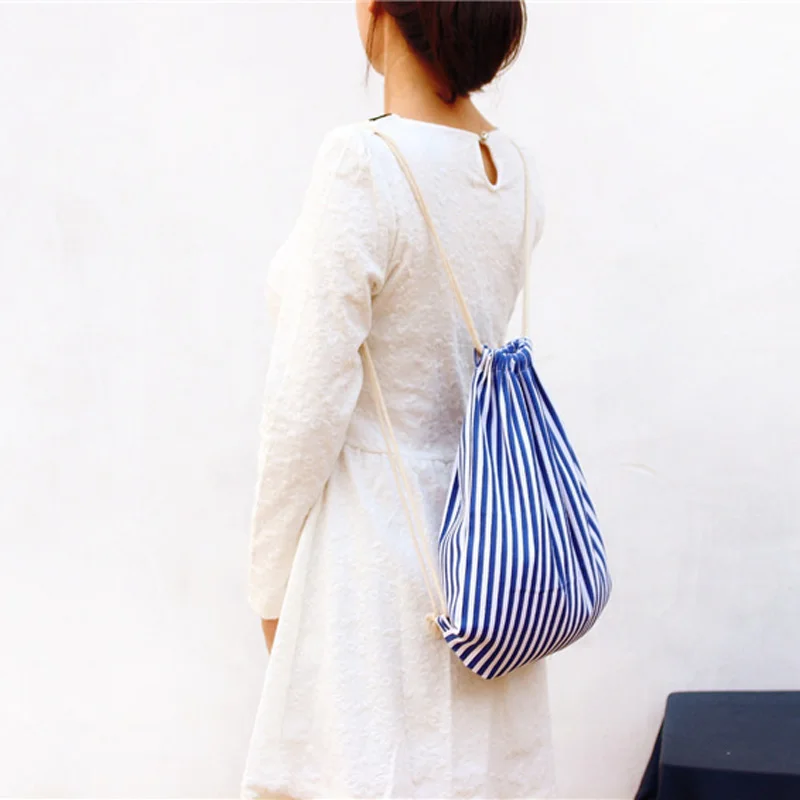 Высокое качество полосатый Drawstring рюкзак сумка для женщин Sackpack хлопок холст