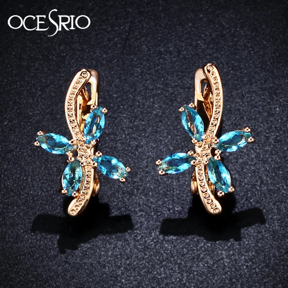 Женские серьги в виде листьев OCESRIO корейские из розового золота 585 пробы с синим