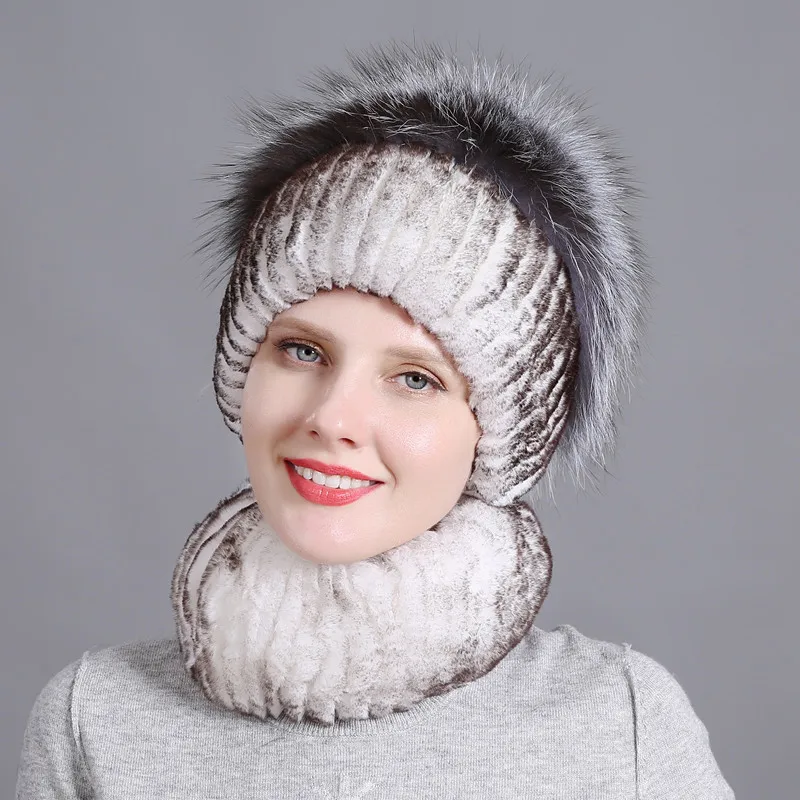DUOUPA Women fur hat scarf set for winter natural rex rabbit fur scarf and hat solid color brand new street shoot hat and scarf - Цвет: G