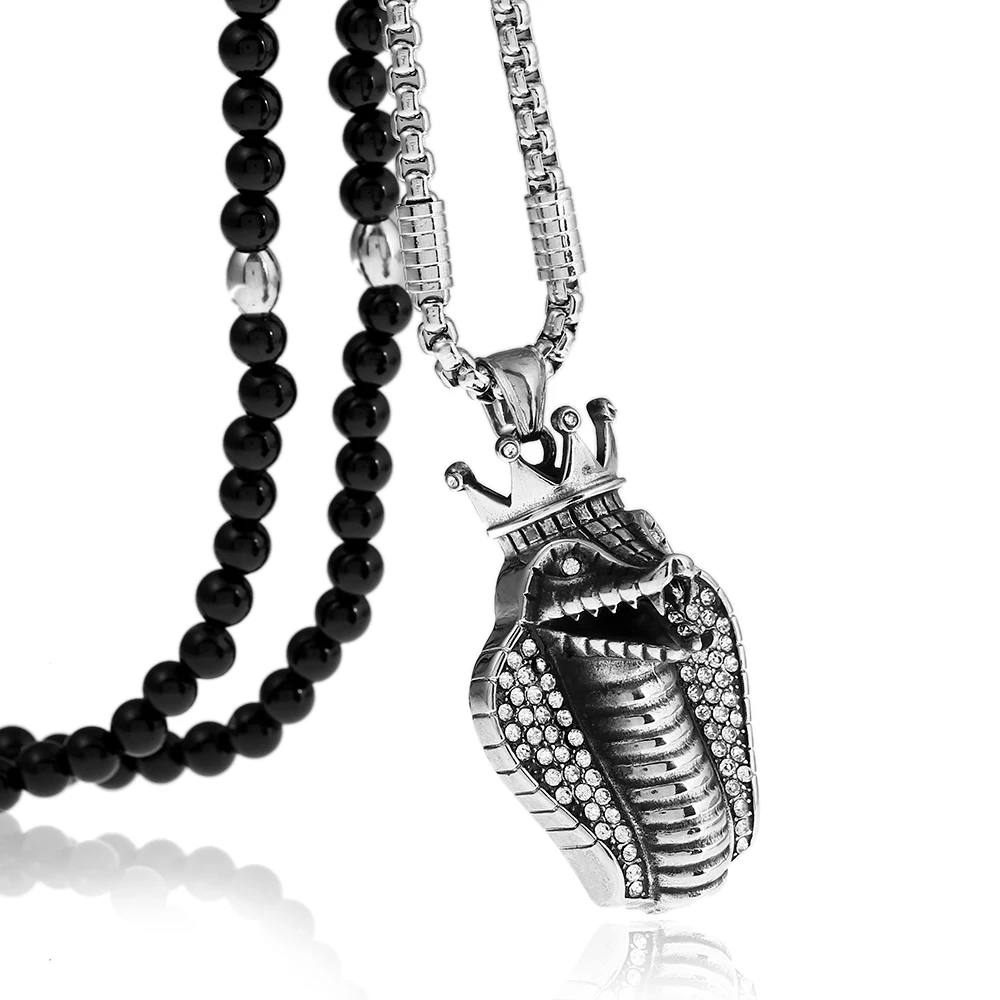 

Stainless steel Egyptian crown Cobra full Crystal Pendant Necklace with Black Natural Stone Chain 26"