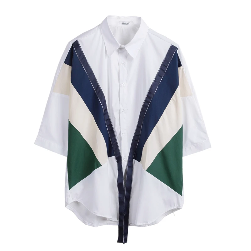 

Male Streetwear Hip Hop Stage Show Harajuku Dress Shirt Men Ribbons Stripe Spliced Casual Shirts