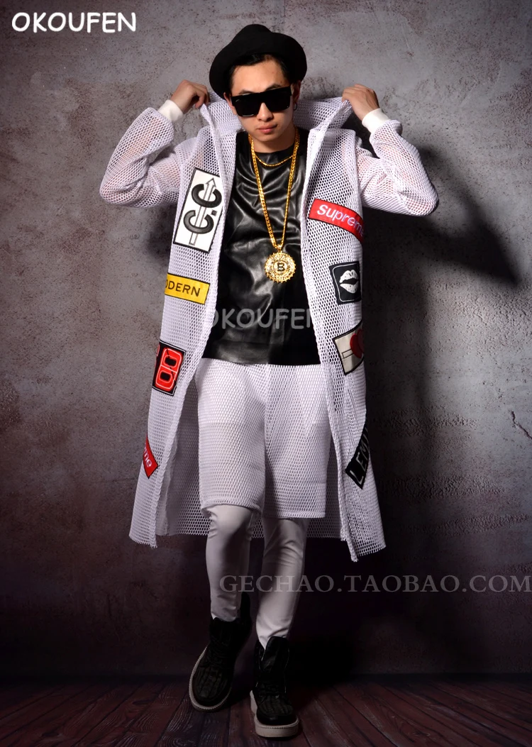 

Personality Men's White Mesh long Print cloak Costumes nightclub bar singer DJ DS performance clothing hip hop dance wear