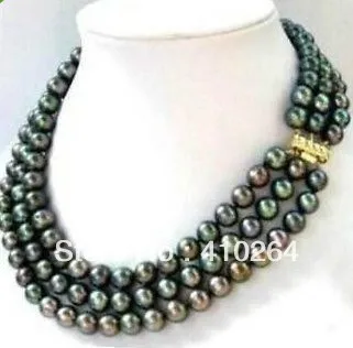 

free shipping triple strands 8-9mm natural south sea black pearl necklace 17-19" 14K clasp