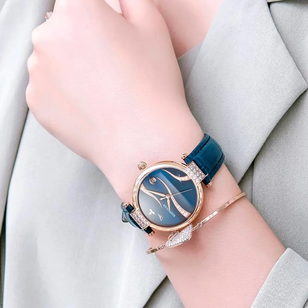 Reef Tiger/RT New Arrival Women Fashion Watch Blue Dial Automatic Diamonds Rose Gold Case Leather Buckle RGA1589 enlarge