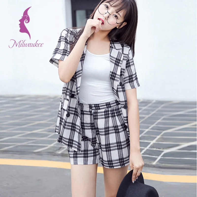 Milwaukee Summer Casual Women Sets Short Sleeve Turn Down Collar Plaid Geometric Top And Pockets Shorts Suits 2 Piece Clothes | Женская