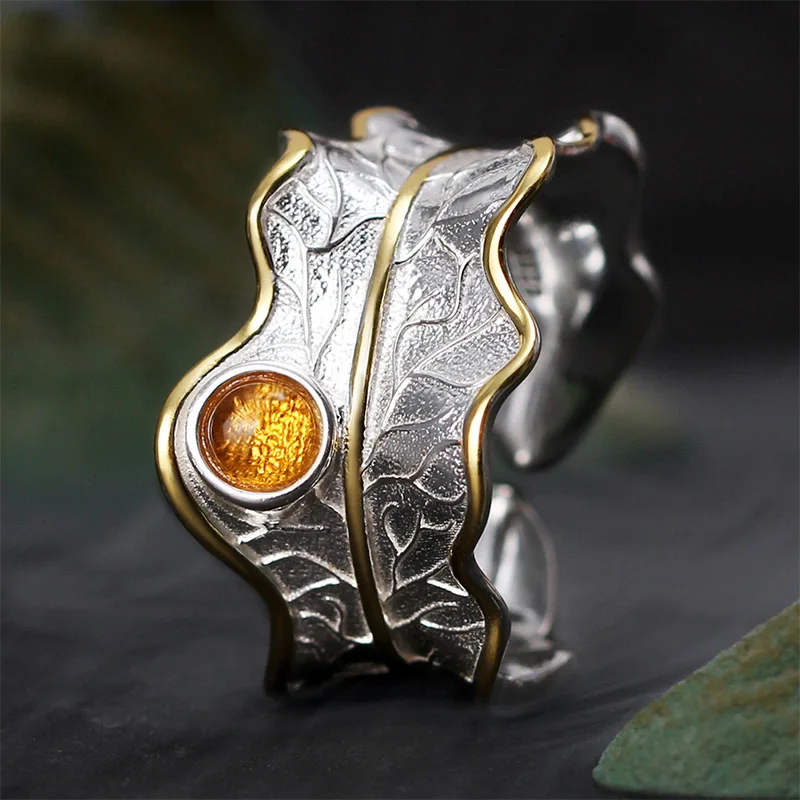 Lotus Fun, настоящее 925 пробы, серебряное кольцо, натуральный турмалин, драгоценные камни, хорошее ювелирное изделие, регулируемые кольца в виде листьев пиона для женщин, бижутерия - Цвет камня: Коричневый