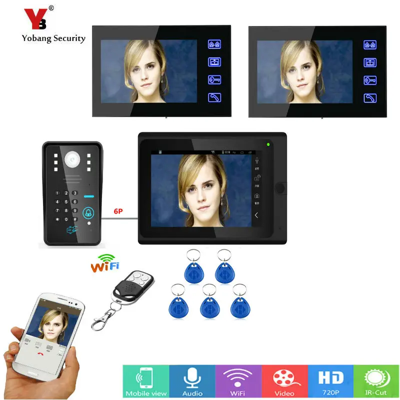 Домофон Yobang проводной/беспроводной с 3 мониторами диагональю 7 дюймов|doorbell intercom
