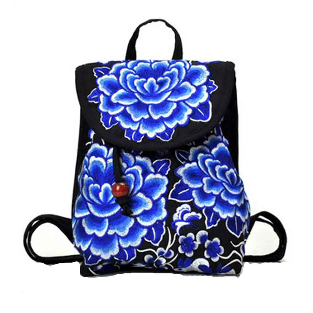 blue and white big Винтажный женский рюкзак с вышивкой, тканевая сумка на плечо с цветочной вышивкой, пляжный маленький рюкзак, Mochilas Escolares - Цвет: blue and white big