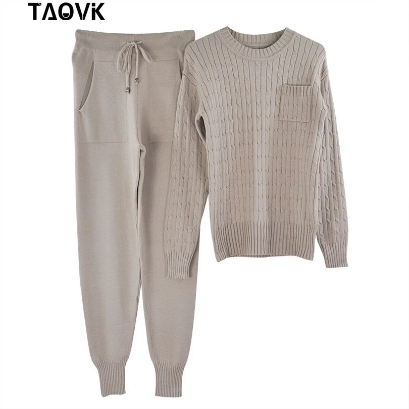 Beige TAOVK, женский свитер, костюм и комплекты, Повседневный, весна-осень, 2 шт., спортивный костюм, женские трикотажные брюки+ джемпер, топы, костюм, комплект одежды - Цвет: Beige