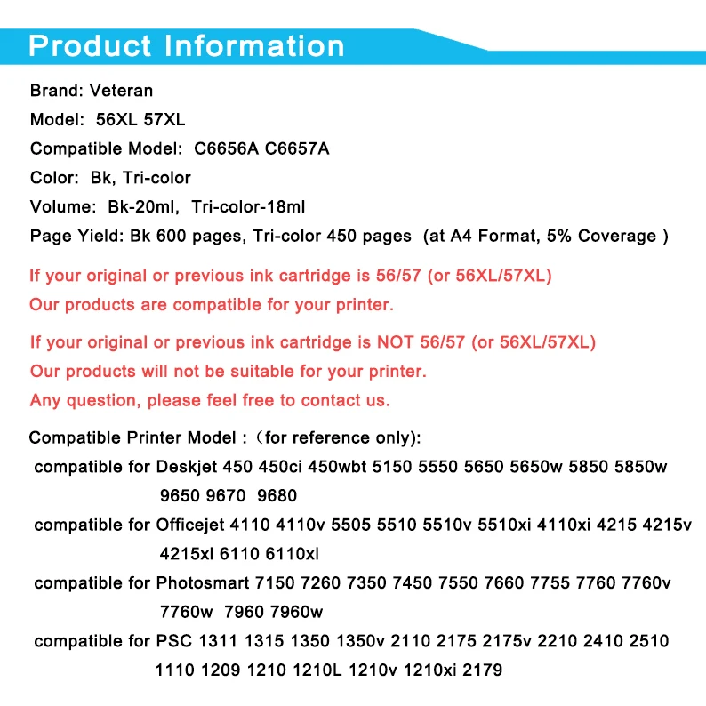 Чернильный картридж Veteran черный 56 или 57 XL сменный для hp hp56 hp57 Deskjet 2100 220 450 5510 5550 5552