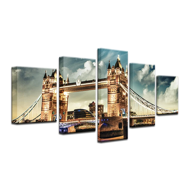 5 панелей пейзаж Картина с башней мост в Лондоне Золотой закат на холсте