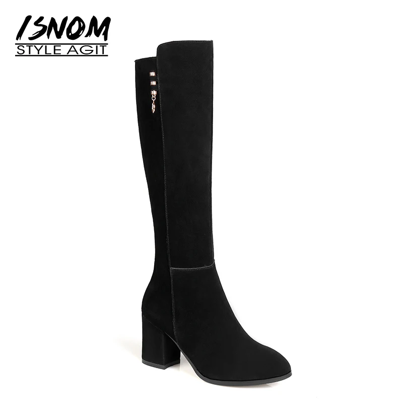 ISNOM высокие сапоги до колена на высоком каблуке женские с круглым носком новинка